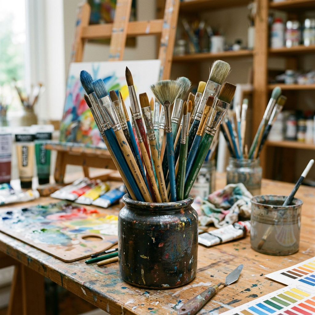 Jar filled with paintbrushes on a paint-covered studio table